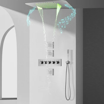Escondida sobrecarga LEVOU a música torneira do chuveiro de casa de banho termostato oculto bronze kit chuveiro de efeito chuva conjunto