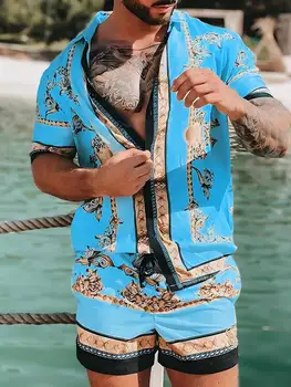 2023 Novos Homens Havaiano Conjuntos de Verão cavalo de Ouro de Impressão Praia Camisa de Manga Curta, Shorts de Viagem Casual Mens 2 Terno de Peça