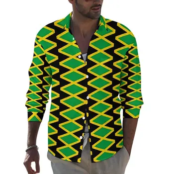 Bandeira Da Jamaica Camisa Da Primavera De Amarelo Verde Casual Retrô Camisas Para Homens Blusas De Manga Longa Gráfico Rua Tops Plus Size