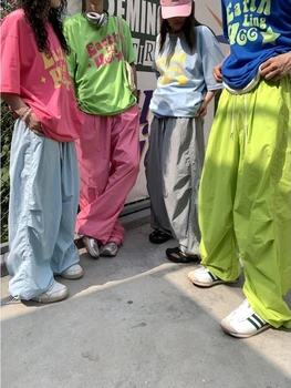 HOUZHOU Y2k cor-de-Rosa Grande pára-Quedas Calças para Mulheres de grandes dimensões Casual Corredores de Harajuku Fashion coreano Streetwear Largas Calças de Desporto
