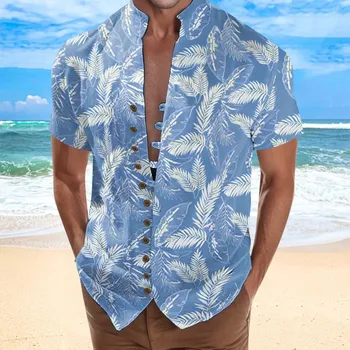 O Homem Casual Único Breasted Manga Curta Com Botão De Camisa De Férias Na Praia Mens Punho Botão Stand Camisas Com Gola