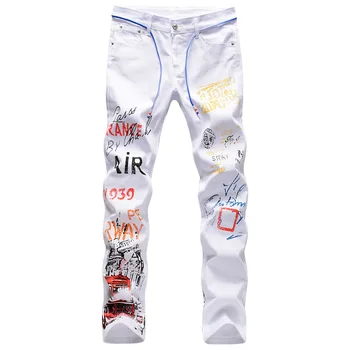 Os homens da Carta do Graffiti calças Brancas 2023 Nova Moda de Impressão Slim Mens calças de Brim Skinny Motociclista calça Jeans Para Homem de Jeans Punk Calças Jean Homme