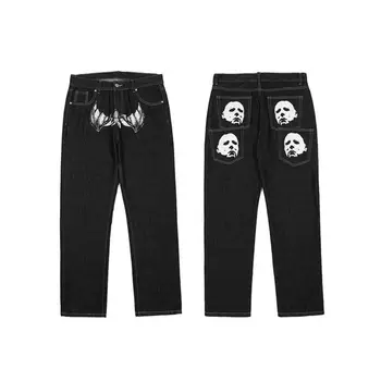 Y2K Jeans Cabeça Estrelas de Impressão Solta Reta Calças Americana Streetwear Retro Calça Preta Masculino Vaqueros Mens Mulheres Folgado