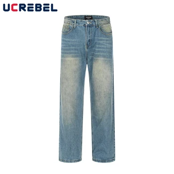 Lavou Angustiado Jeans Mens Casual Retrô Solto Em Linha Reta, Denim, Calças De Homens Streetwear Calças