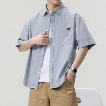 Jztry ™ Camisas Retro de trabalho trajes de camisa de manga curta para os homens de verão da alta costura folgada camisa de manga comprida casaco