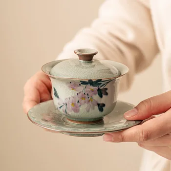 Pintados À Mão Magnolia Flores De Cerâmica De Abertura Gaiwan Para O Chá Verde Sopeira Teaware Conjunto De Chá Chinês Tigela Chawan