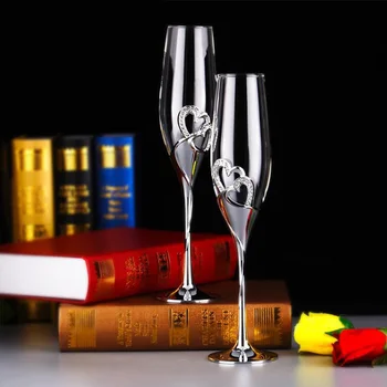 Copo de vinho requintado artesanal base estável de casamento transparente ultra-fina de cristal em forma de coração de aço inoxidável cálice de champanhe