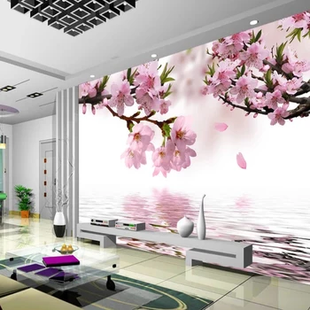 Romântico Flor de Pêssego Reflexão Personalizadas de Fotos em 3D Mural de papel de Parede de Jantar, Sala de estar, Casa de Decoração de Papel de Parede Florais