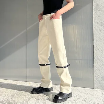 Os Homens De Cor Sólida Jeans, Cinto De Retalhos De Ajuste Fino Versátil Calças Compridas Homens Streetwear Estilo Coreano Calças Casuais